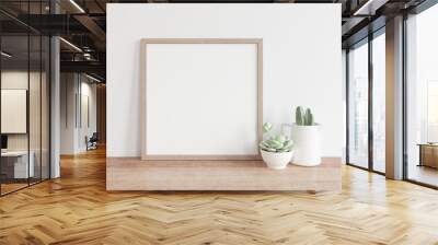 Square wooden frame mock up with green cactus. 3D illustrations. Wall mural