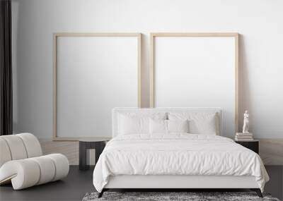 Two vertical wooden frame mockup. Two mock up poster on wooden floor. 2 frame 3d illustrations. Wall mural