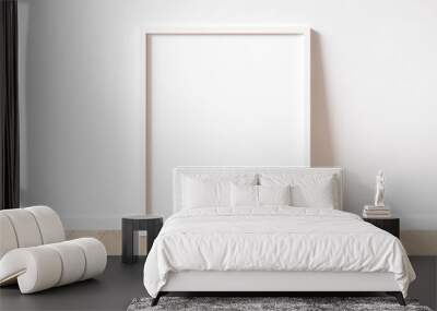 Vertical white frame mock up on wooden floor with white wall. 3D illustrations. Wall mural