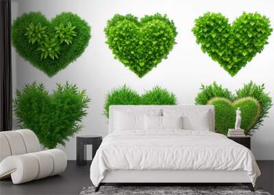 Set of various heart shaped plant with leaves and grass isolated on transparent background Wall mural