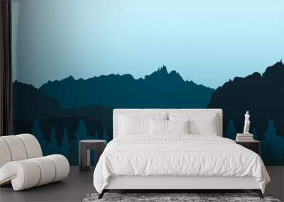 Adventure Background With Silhouette Blue Mountain And Tree. Wild Forest. Wallpaper. Vector Illustration Wall mural