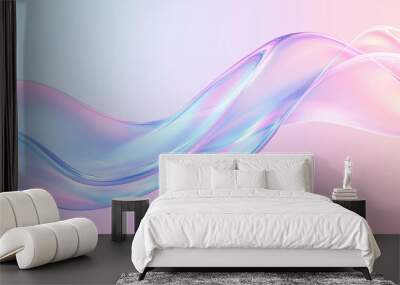 3d abstract liquid glass transparent clear ribbon wave line render. Rainbow fluid flow curve shape with dispersion light, holographic gradient texture. Flying glossy design element. 3D Illustration. Wall mural