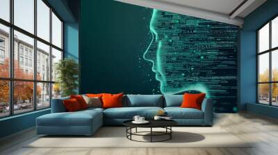 A digital portrait of a a robot face made of circuit boards and binary code, blue, green, black palette. in the background are ai computers, layers of code. Wall mural