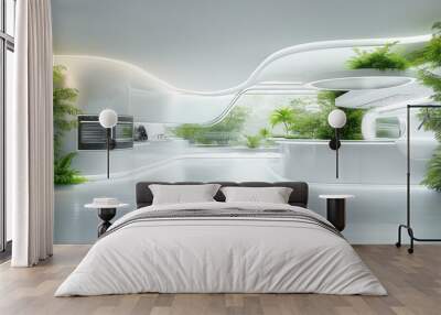 a futuristic kitchen dream design apartment set in the near future, stylistic furniture, dark wooden elements, electronic devices, home plant. Wall mural