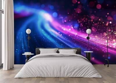 Abstract technology futuristic glowing blue and purple light lines with speed motion blur effect on dark blue background. Wall mural