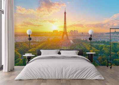 Aerial view on Eiffel Tower and district la Defense in Paris, France. Wall mural