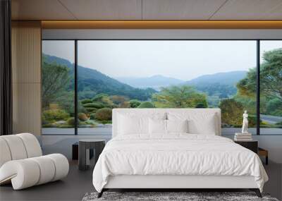 Award-winning professional architectural photography frontal shot of an interior living room with a modern Japandi style luxurious interior design, a cozy Penthhouse overlooking a japanese garden on t Wall mural