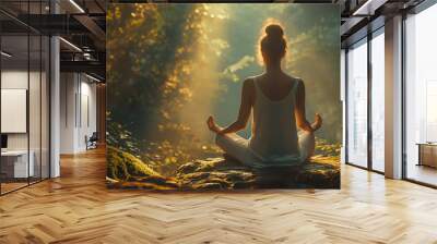 Back of woman relaxingly practicing meditation yoga in the forest to attain happiness from inner peace wisdom serenity with beam of sun light for healthy mind wellbeing and wellness soul concept. Wall mural