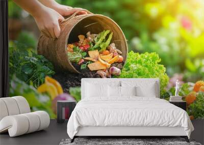 close-up of various organic food waste, such as vegetable peels, fruit scraps, and coffee grounds, being added to a compost bin in a lush garden, Wall mural