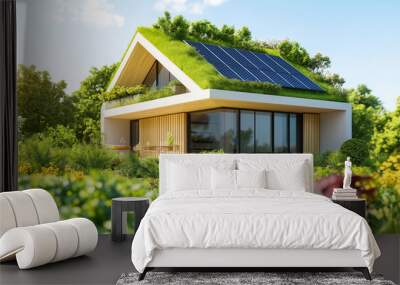 cozy eco-friendly home with a green rooftop, solar panels, and a vegetable garden, warm afternoon sunlight, Wall mural