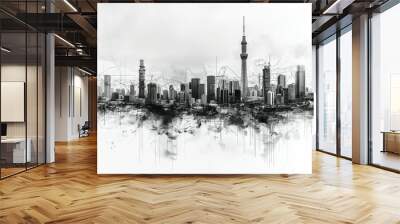 Design a minimalist, scratchy sketch style black and white drawing that combines elements of both 4G and 5G technologies. Wall mural