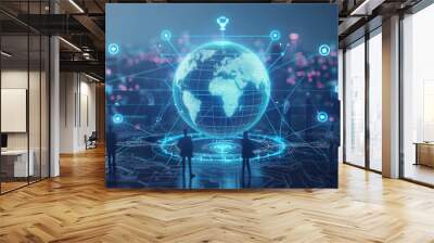 Digital technology, global business network connection, data analysis, social media marketing, digital software development, teamwork and business strategy, internet technology concept.  Wall mural