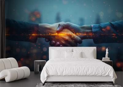 Double exposure of business handshake for successful of investment deal and city night background, teamwork and partnership concept. Wall mural