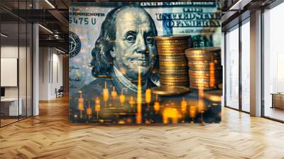 Economic crisis, financial background. Double exposure of Coins and US dollars bank note currency with financial graph chart falling due to global economic recession, stock market crash, inflation. Wall mural