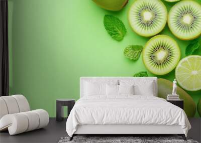 Flying fresh raw whole and sliced kiwi, lime and mint leaves on green background. Wall mural