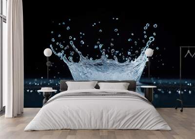 High-speed photograph of water splashing against a black background, showcasing dynamic motion and energy with crystal-clear droplets. Wall mural