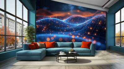 Illustration, clean and minimalist, neon blue connection line and orange dots, blue technology background. Wall mural