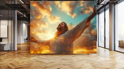 Jesus Christ with open arms reaching out in the sky, hand gestures of Jesus dying on the cross and resurrected, heaven and salvation, faith and love, easter concept.  Wall mural