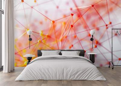 Linking entities. Networking, social media, SNS, internet communication abstract. Small network connected to a larger network. Web of red, orange and yellow wires on white background. Shallow DOF. Wall mural