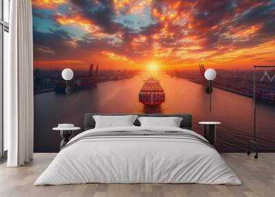 Logistics and transportation of Container Cargo ship and Cargo plane with working crane bridge in shipyard at sunset, logistic import export and transport industry background. Wall mural