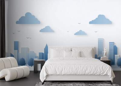 Monochrome urban landscape with clouds in the sky. Blue city buildings with trees. Modern architectural flat style vector illustration. Vector cityscape background. Wall mural