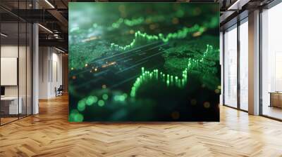 raising stock line graph without any numbers green colour, black background. Wall mural