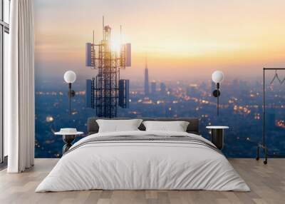 Telecommunication tower or Mobile phone tower with 5G cellular network . Global connection and internet network concept.on city background. Wall mural