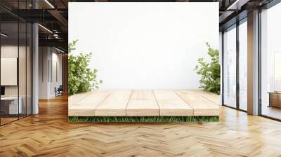 Wooden floor with green bushes isolated on transparent white background. Wall mural