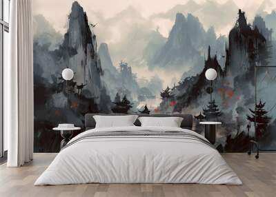 Ink brush strokes mountains landscape, watercolor. Generative AI Wall mural