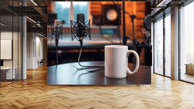 A white mug on a table in a recording studio, with microphones and sound equipment around, mug mock-up  Wall mural