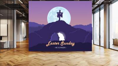 Vector illustration of Easter Sunday with silhouette cross on the hill and moon. Suitable for poster, banner, or background Wall mural