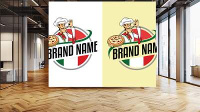 Pizza chef  Funny mascot italian restaurant illustration logo design Wall mural