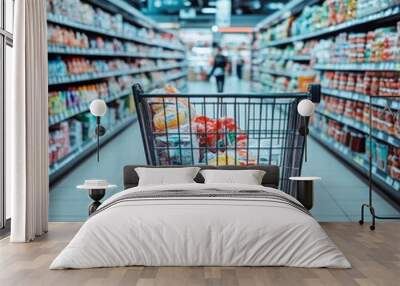 A shopping cart filled with groceries sits in the aisle of a supermarket. Wall mural