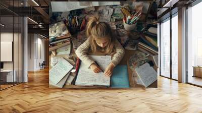 Young girl sitting at a desk full of papers, books, and art supplies, working on a project. Wall mural