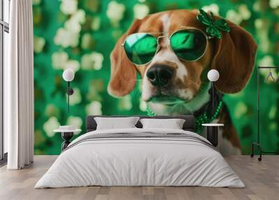 A funny beagle dog in a carnival costume for the Irish holiday of St. Patrick's Day. The dog dressed up in a necklace and glasses with a shamrock on a green isolated background. The concept of humaniz Wall mural