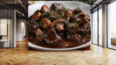 A savory and satisfying plate of beef bourguignon, with tender chunks of beef, mushrooms, and a rich, red wine sauce Wall mural