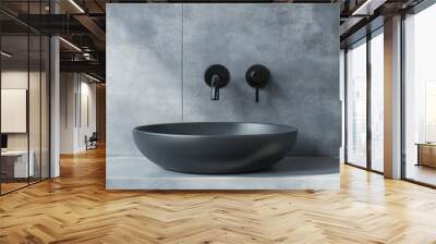 Grey ceramic vessel sink and wall mounted black faucet on mock up concrete wall with copy space Minimalist interior design of modern bathroom Wall mural