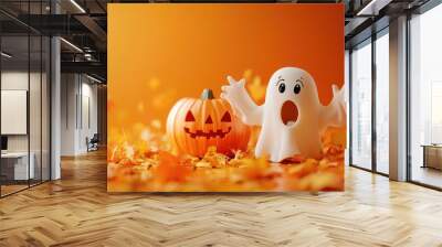 Halloween ghosts with funny pumpkin on orange background Happy halloween holiday concept Wall mural