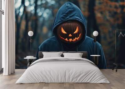 Person in hoodie with jack o lantern mask Wall mural