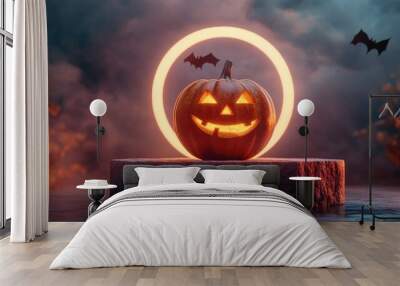 Stone podium and minimal abstract background for Halloween, 3d rendering, Smiling pumpkin character with bat on circle light, Stage for product Wall mural