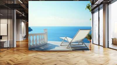 White deck chair on terrace with stunning sea view Mediterranean hotel under blue sky on sunny day, summer vacation concept Wall mural