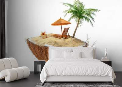 A creative tropical beach scene composed of a coconut fruit transformed into a mini beach with a sun umbrella Wall mural