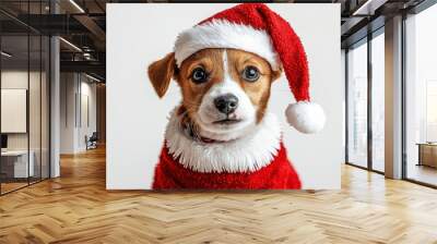 a dog dressed as Santa Claus, holiday pet element, holiday attire, cheerful, isolated on white background Wall mural