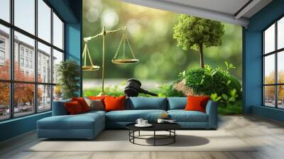 Green World and gavel with scales of justice on the green. law for principles of sustainable environmental conservation. Wall mural