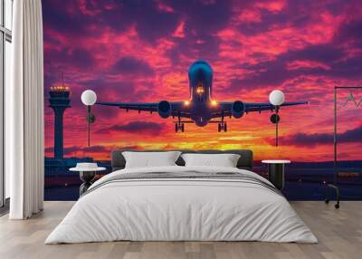 Passenger airplane landing during a vibrant sunset with control tower Wall mural