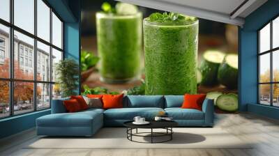 Two glasses of green detox smoothie with fresh vegetables Wall mural