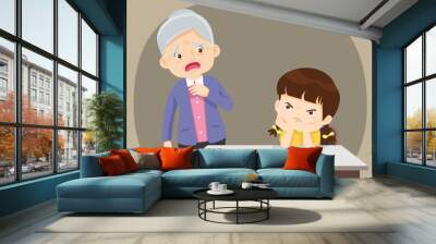 Angry child sitting with elderly have look worry Wall mural