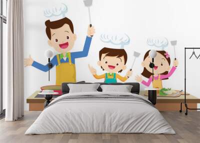 Happy family cooking. Mother and father with kids cook dishes in kitchen Wall mural