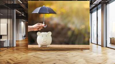 Piggy bank and woman hand hold the black umbrella for protect on sunlight in the public park, to prevent for asset and saving money for buy health insurance concept. Wall mural