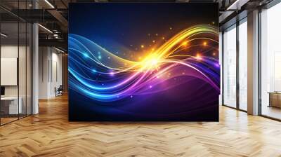 abstract background with glowing lines, Dark abstract background with glowing wave vector illustration. Shiny moving lines design element. Modern purple, blue, yellow gradient flowing wave lines Backg Wall mural